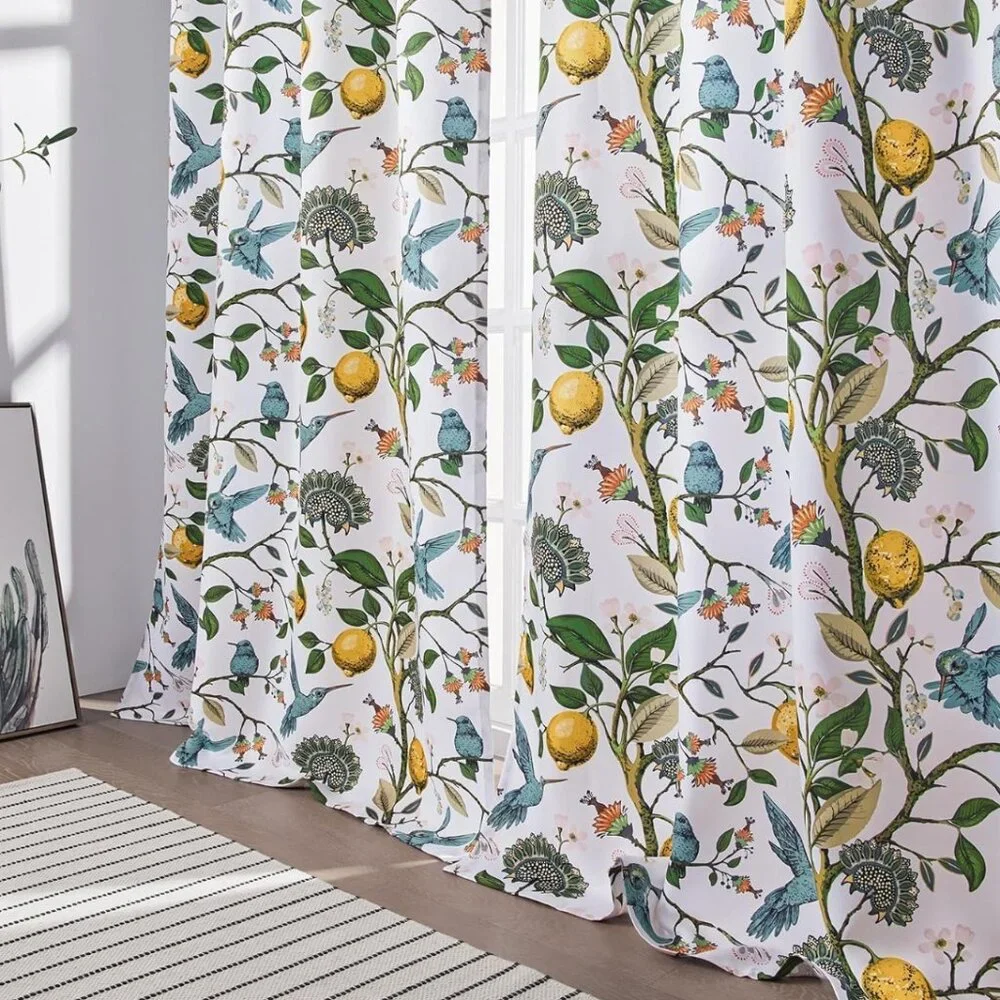 Floral Lemon Hummingbird Curtains Patterned Waverly Mid-Century Style